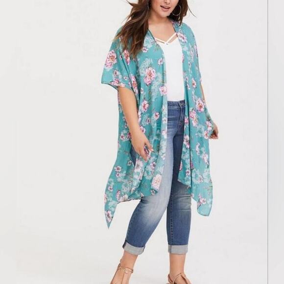 Torrid teal‎ and pink floral tropical Gauze Duster Kimono plus size 3 4 3X 4X - Picture 1 of 12